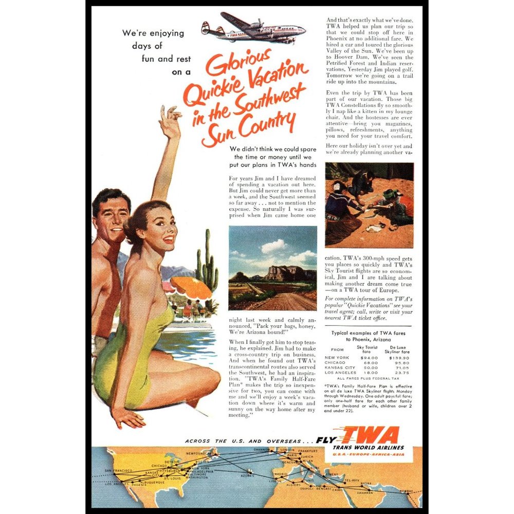 1953 TWA Airlines Quickie Vacation Sun Country Vintage Print Ad Cactus Wall Art